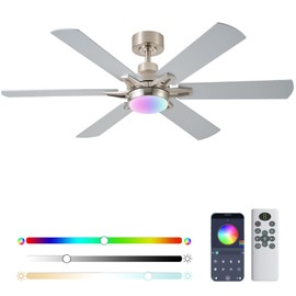 52in Ceiling Fans with Lights RGB Ceiling Fan with Light and Remote/APP Control,Low Profile Ceiling Fans with Lights for Bedroom,Living Room,Kids Room,3CCT Dimmable Modern Ceiling Fan, 8 Speeds,Nickel