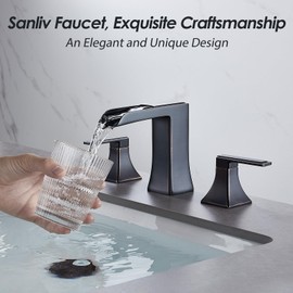 Oil Rubbed Bronze Bathroom Faucet 3 Hole, Sanliv Antique Bronze Waterfall Faucets for 4-16 Inch Widespread Bathroom Sinks, Two Handle Vanity Faucet 3 Holes for Farmhouse RV with Drain Assembly