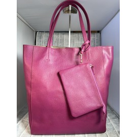 Rebecca JT-240322 Vertical Tote Bag with Pouch, Genuine Cow Leather, Shrink Leather, Women's, Men's, Cowhide Leather, Tote Bag, Unisex, Unisex, Pink