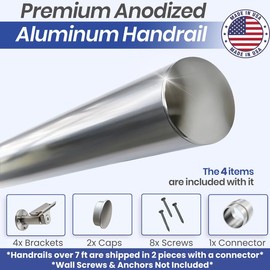 8FT Aluminum Handrail Kit for Indoor/Outdoor Stairs (2–18 FT Available) 1.97" Round Wall Mount Stair Railing, Stainless Steel Look, with Adjustable Steel Brackets Complete DIY Grab Bar Kit ARESSCORP