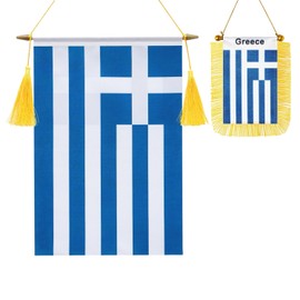 2 Pack Greece Wall Flags Banner, Mini Greek Hanging car window Flag Satin Finish Heavy Duty Fabric Patriotic Flags for School Classroom Club Car Rearview Mirror Decoration