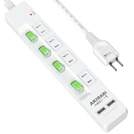 FUMITAKE Power Strip, Lightning Guard, 6 Ports, USB Tap, 3.3 ft (1 m), 1400W, Includes Separate Switch, Dust Shutters, Swing Plug, 2.4A (2 USB Ports, 4 Outlets), White, Light Switch, Extension Cord,