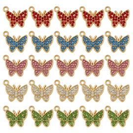 COGCHARGER Pack of 25 Butterfly Rhinestone Charm Pendants Colourful Alloy Butterfly Charm Alloy Pendant for Jewellery Necklace Bracelet Earring Making Crafts