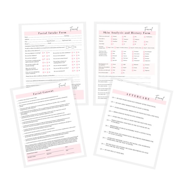 Facial Client Intake Forms, Intake, Consent, Aftercare Instruction | 75
