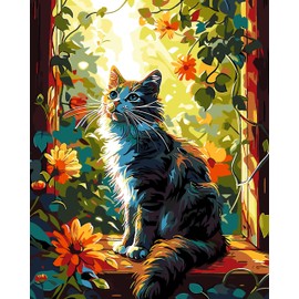ZTOTZ Cat Paint by Numbers Kit for Adults,Animal Cat Paint by Number Kit Canvas, DIY Window Flower Paint by Numbers Easy for Living Room Decor Gift 16x20 Inch