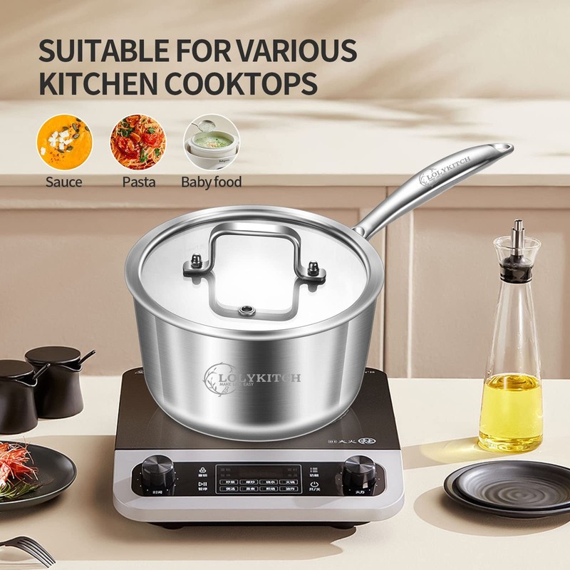 LOLYKITCH 1.5-2.5-3.0 QT, Tri-Ply Stainless Steel Saucepan Set of 3,Induction
