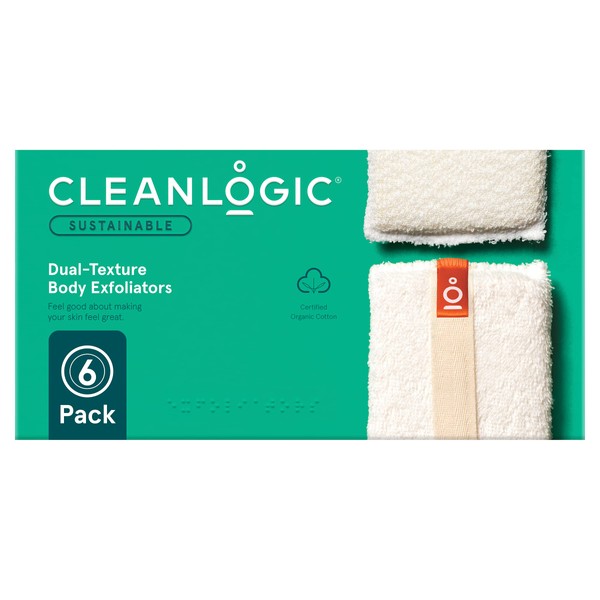 Cleanlogic Sustainable Organic Cotton Dual-Texture Natural Body Exfoliators, Cleanses & Refreshes The Skin, Vegan-Friendly - Pack of 6