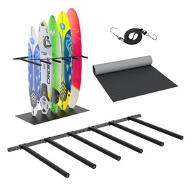 LXVOOEE Vertical Surfboard Rack for Wall, Surfboard Wall Mount with Bungee Cord and Rubber Mat, Metal Garage Surfboard Stand Wall Decor for Surf Board, SUP Paddle Board, Wakeboard, Snowboard (6 Arms)