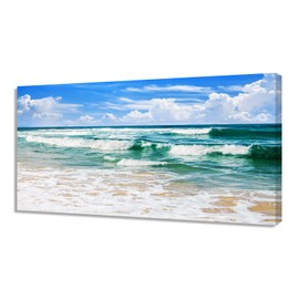 ZhongxingWL Wall Art Canvas Print Sea Water Waves 1 Piece Blue Ocean Island Beach Nature View Picture Painting Framed Ready to Hang for Living Room Bedroom Office Home Decor Artwork 30x60inch