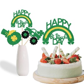 12Pcs Happy St Patricks Day Centerpiece Sticks, Clover Baby Shower Party Decoration, Four Leaf for Irish Day, Irish Birthday Wedding Party Decor, Lucky Clover One Supplies Gold Green Glitter