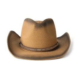 EOGIMI Western Style Classic Cowboy Straw Hat Wide Brim Cowgirl Hat with Belt Buckle Tea Stain/Black