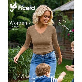 Ficerd 4 Pack Women's 3/4 Sleeve T Shirts, V Neck Casual Tunic Tops Loose Fit Cotton Shirts Solid Color Summer Tees(White, Ivory, Light Coffee, Coffee,X-Large)