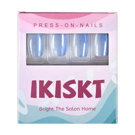 IKISKT Press On Nails - Silver Cat Eye Tips | Ombre Blue Color Solid Light l UV Short Coffin Shape False Fake Nails, Reusable Glue | 10-12 Sizes - 30 Nail Kit