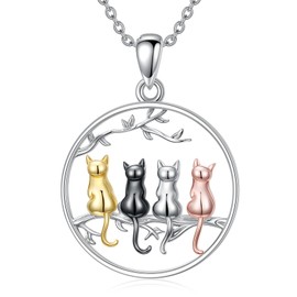 LONAGO Four Cats Tree Pendant Necklace Cat Necklace Sterling Silver Jewelry Gift for Women