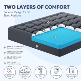 ELEMUSE Dual Layer 3 Inch Memory Foam Mattress Topper King, 2 Inch Cooling Gel Memory Foam Plus 1 Inch Down Alternative Pillowtop Mattress Pad with Cooling Cover, Soft Comfort Support, Grey