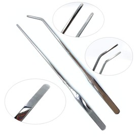 Wenplus 2PCS Aquarium Tweezers Stainless Steel Straight and Curved Tweezers Set Long Handle Reptile Feeding Tongs for Aquatic Plants Lizards Spider Snakes Garden Repairing - 10.6inch, Silver