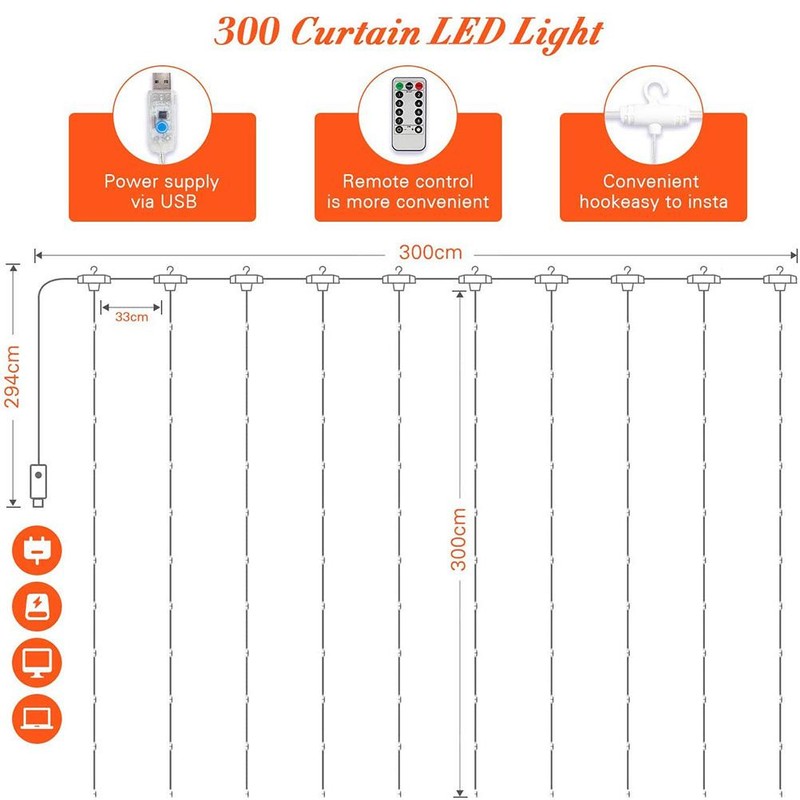 300 LED Curtain Lights for Decorations USB String Lights 3