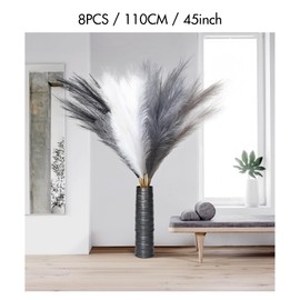 8 Pcs 45" Pampas Grass Tall Faux Dried Decor, Fluffy Fake Long Pompas Artificial Black White Grey Gray Pompous Stems Bouquet Flower Arrangement Vase Filler for Boho Home Wedding Decoration