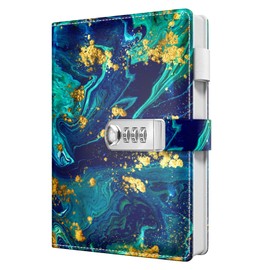 Huamxe Diary with Lock, Lockable Diary for Women Girls, Leather Book Notebook A5 22 x 15 cm, 200 Pages Thick Paper, Cute Journals for Writing Diaries, Blue & Gold