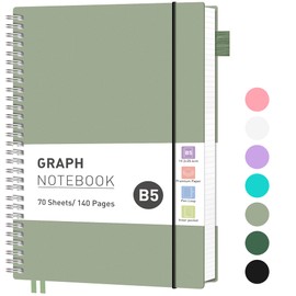 RETTACY Squared Spiral Notebook B5 Graph Grid Wirebound Journal with 140 Pages,PVC Pocket, Pen Loop, Ruler, Bookmark for Women Men Work Office School, 19 x 25 cm- Light Green