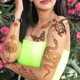 9 Sheets 99+ Design Flash Gold Metallic Temporary Tattoos For Women Adults, Glitter Bohemia Fake Tattoo Stickers Indian Tribal Elephant 3D Wolf Lion Snake Mandala Flower, Golden Butterfly Tattoos