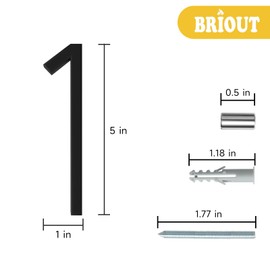Briout 5" Floating House Numbers for Outside, Metal Modern Address Numbers for House, Zinc Alloy Anti-Rust Home Address Numbers for Door Mailbox, High Gloss Black (1)
