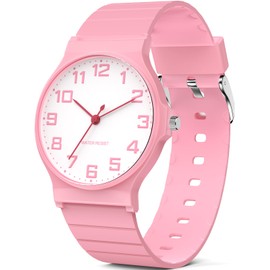 SOCICO Children's Analogue Watch Boys Girls 30 m Waterproof Easy to Read for 5-15 Years, Great Birthday Children, Pink-white, Minimalist