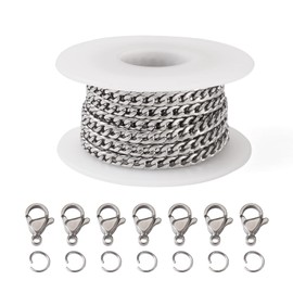 Pandahall DIY Curb Chain Necklace Bracelet Making Kit Including 5M Stainless Steel Curb Chains 6.5x4.5mm Links & 10 Pieces Lobster Clasps & 20 Pieces Jump Rings