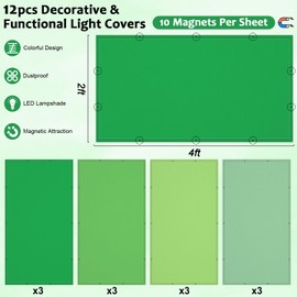 QOUBAI 12 pcs Fluorescent Light Covers, 4 x 2 Feet Magnetic Light Cover Green Fluorescent Lights Shade Panel Green Ceiling Lights Filters for Office Classroom Home Drop Ceiling