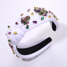 Mardi Gras Headband Purple Green Yellow Crystal Knotted Headband for Women Mask Rhinestone Jeweled Embellished Wide Top Knot Hairband Carnival Parade Party Hair Accessory (Mask Charm Crystal Knot2312)