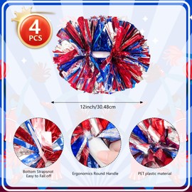 4 Pcs Metallic Cheerleading Pom Poms, 12Inch Cheerleader Pompoms with Baton Handle for Kids Adults School Team Sports Games Dance Cheering (Silver Blue Red)
