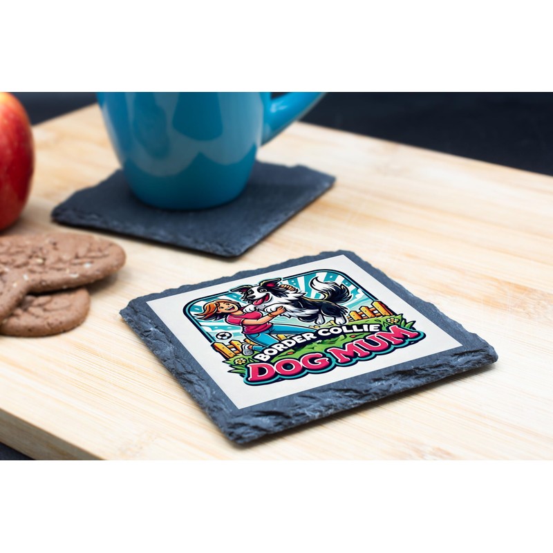 Border Collie Dog Mum Slate Coaster with Cute Cartoon Design,