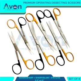 Avon Surgical 6pcs Premium Operating Scissors, 4.5in & 5.5in, Black & Gold, Sharp Blunt Mixed