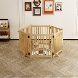 HACHIKITTY (6 Panel) Wooden Freestanding Dog Gates for The House,Dog Gates for Doorways, Stairs,Wood Dog Fences Indoor Pet Gate,Step Over Fence - 6 Panel 31" H