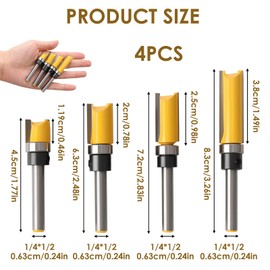 4-Piece Shank Flat Flush Trim Router Bits 1/4 Shank Set, Professional Woodworking Template Cutter with Bearing, Solid Tungsten Steel for Edge, Groove, 3D Corner Processing