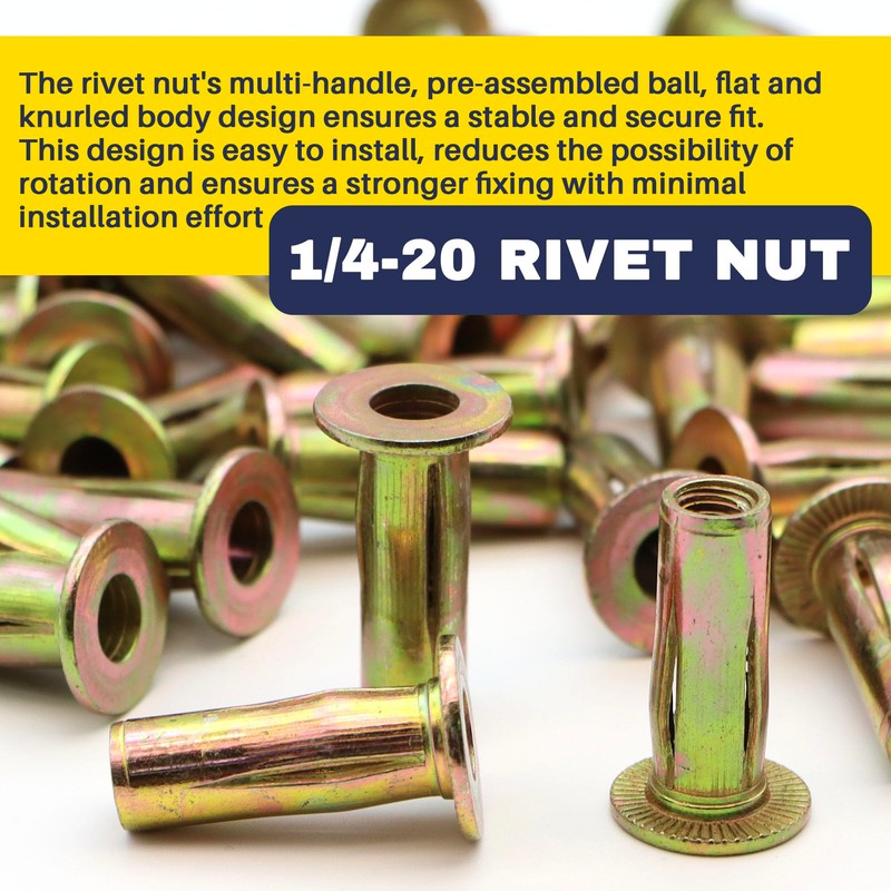 Terixe 100 Pack 1/4-20 Multi-Grip Rivet Nuts - Zinc-Plated Steel
