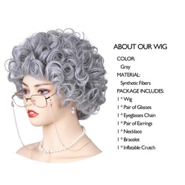 FantaLook Short Curly Gray Old Lady Cosplay Wig with Glasses EyeGlasses Chain Earrings Necklace Bracelet and Inflatable Crutch for Women Grandma Costume for 100 Days of School