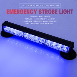 BooYu 14" Blue Battery Powered Police Firefighter Emergency Strobe Lights Bar for Trucks/Vehicles Rechargeable Wireless Rooftop Mini Hazard Flashing LED Beacon Warning Light w/Magnetic Base