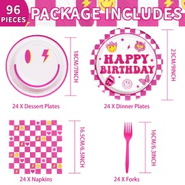 96Pcs Pink Preppy Smiley Party Supplies Pink Smile Face Plates and Napkins Forks Pink Checker Smiley Face Birthday decorations Tableware Set for Bachelorette Birthday Baby Shower,Serves 24