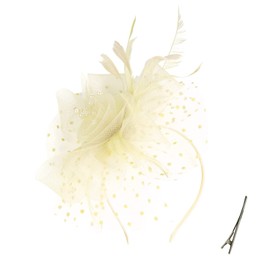 QDC Fascinators for Women Tea Party Headband Hats Cocktail Flower Mesh Feathers Headwear Hair Clip for Wedding Beige