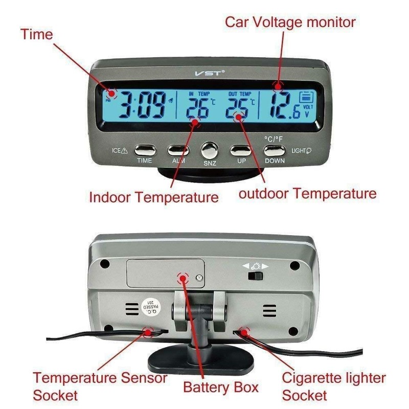 Riloer 4-in-1 LCD Digital Voltmeter Clock Thermometer Monitor with Frost