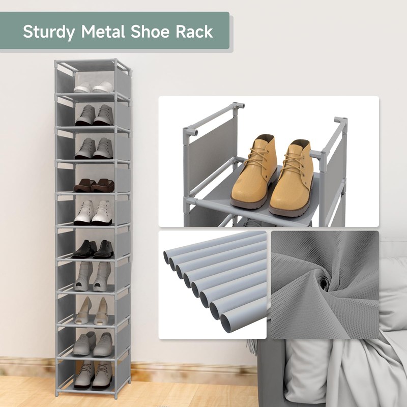 isightguard Vertical Shoe Rack, 10 Tier Grey Narrow Shoe Organizer