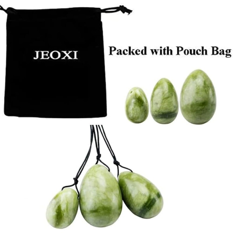 Laiqucraft 3pcs Set Green Jade Eggs Stone, Natural Green Jade