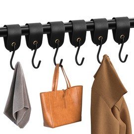 Leather S-Hooks Pack of 6 S Hooks with Leather Loop, Multifunctional Hooks, S Hooks, Black, Coat Hooks, Coat Hooks, Butcher Hooks, Leather, Hooks for Hanging for Kitchen, Bathroom, Bedroom, Living