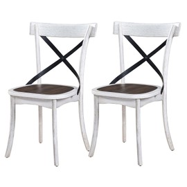 FRITHJILL Set of 2 Farmhouse Dining Chairs, Rustic White Wooden Cross-Back Chairs with Metal Accents and Dark Walnut Seat, Perfect for Kitchen, Dining Room, or Cafe