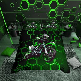 Loussiesd Green Honeycomb Dirt Bike Duvet Cover Set Double Size For Kids Boys Teens Men Extreme Sports Bedding Set Hexagonal Geometric Comforter Cover with 2 Pillowcases Motorbike Beds Set