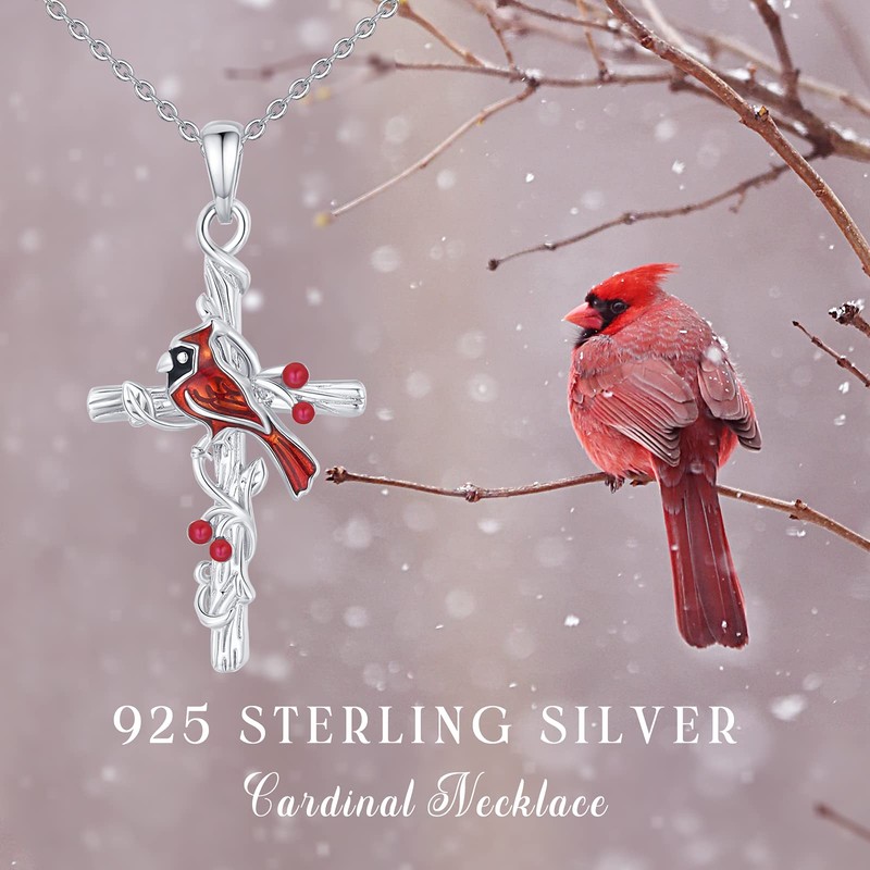 Cardinal Necklace S925 Sterling Silver Cross Necklace Red Bird Memorial