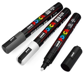 Posca Uni-Ball PC-5M Paint Marker Art Pens - 1.8-2.5mm – Black, White, Deep Grey - Pack of 3