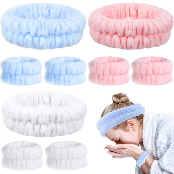 Chuangdi 9 Pcs Reusable Spa Headband Wrist Washband Face Wash Set Include 3 Microfiber Headband 6 Wrist Washband for Women Girls Avoid Liquid from Spilling Down Arms(White, Pink, Blue,Fresh Style)