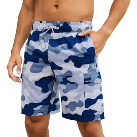 Wildbreath Men's 9" Swim Trunks UPF 50+ Quick Dry Beach Board Shorts with Mesh Lining Lightweight Bathing Suits, Blue Camo, Small